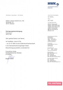 HWK Eintragungsbescheinigung